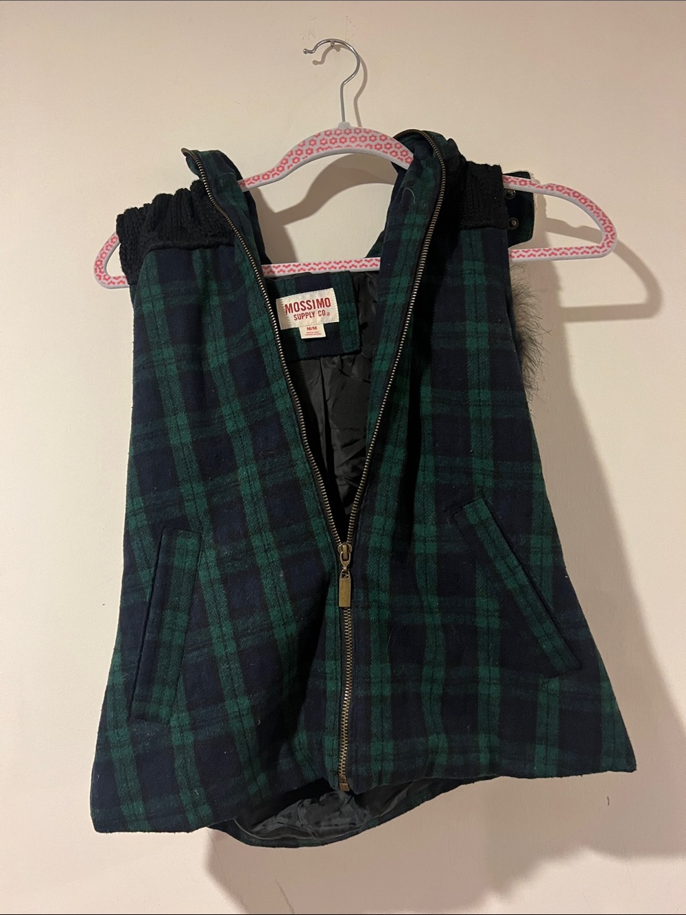 Mossimo Supply Co. Navy & Green Plaid Quilted Hooded Vest with Faux Fur Trim